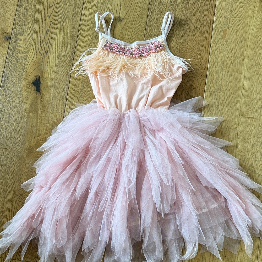 Lola and the Boys Pink Tulle Feather Trim Kids Dress